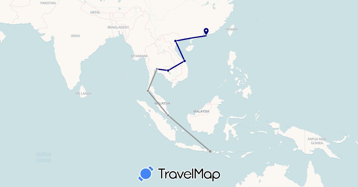 TravelMap itinerary: driving, plane in China, Indonesia, Cambodia, Singapore, Thailand, Vietnam (Asia)